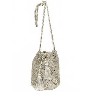 NEW M.A.B.E. women's sana crochet pouch boho bag in silvery golden metallic